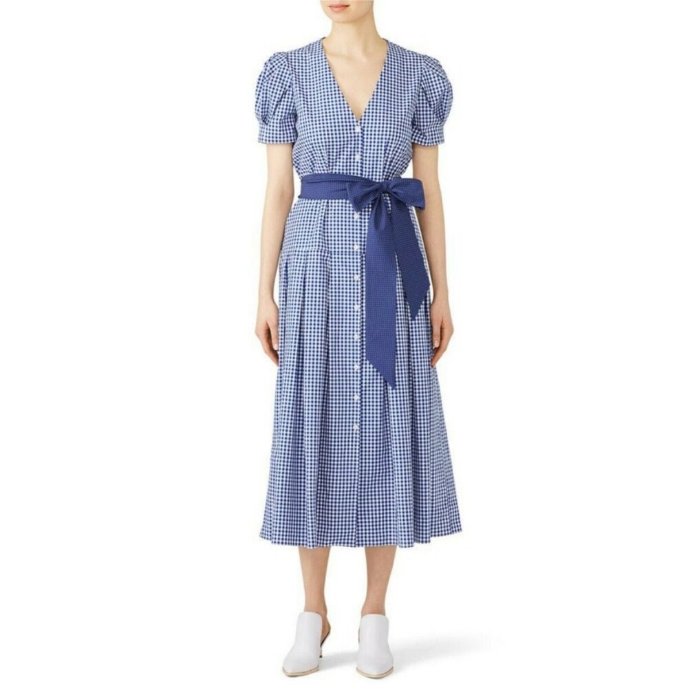 Petersyn Jenna Puff Sleeve Blue Gingham Midi Dress